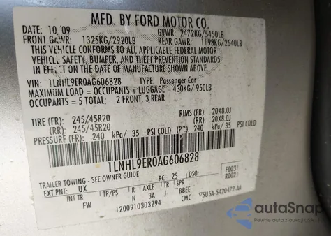 2010 Lincoln Mks из США, поврежденный, VIN 1LNHL9ER0AG606828